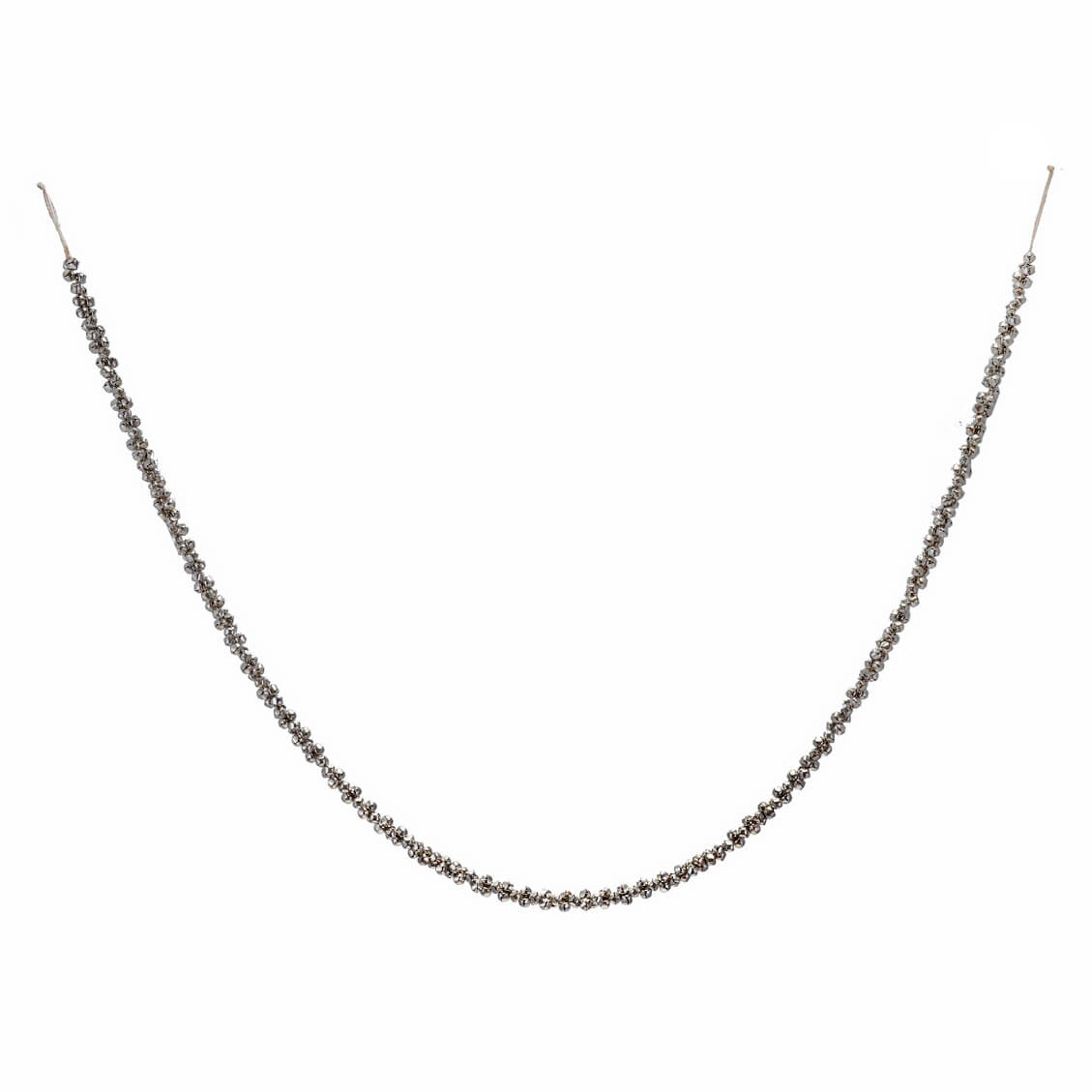 Silver finish metal jingle bell garland on jute cord with delicate silver beaded necklace design for christmas garlands