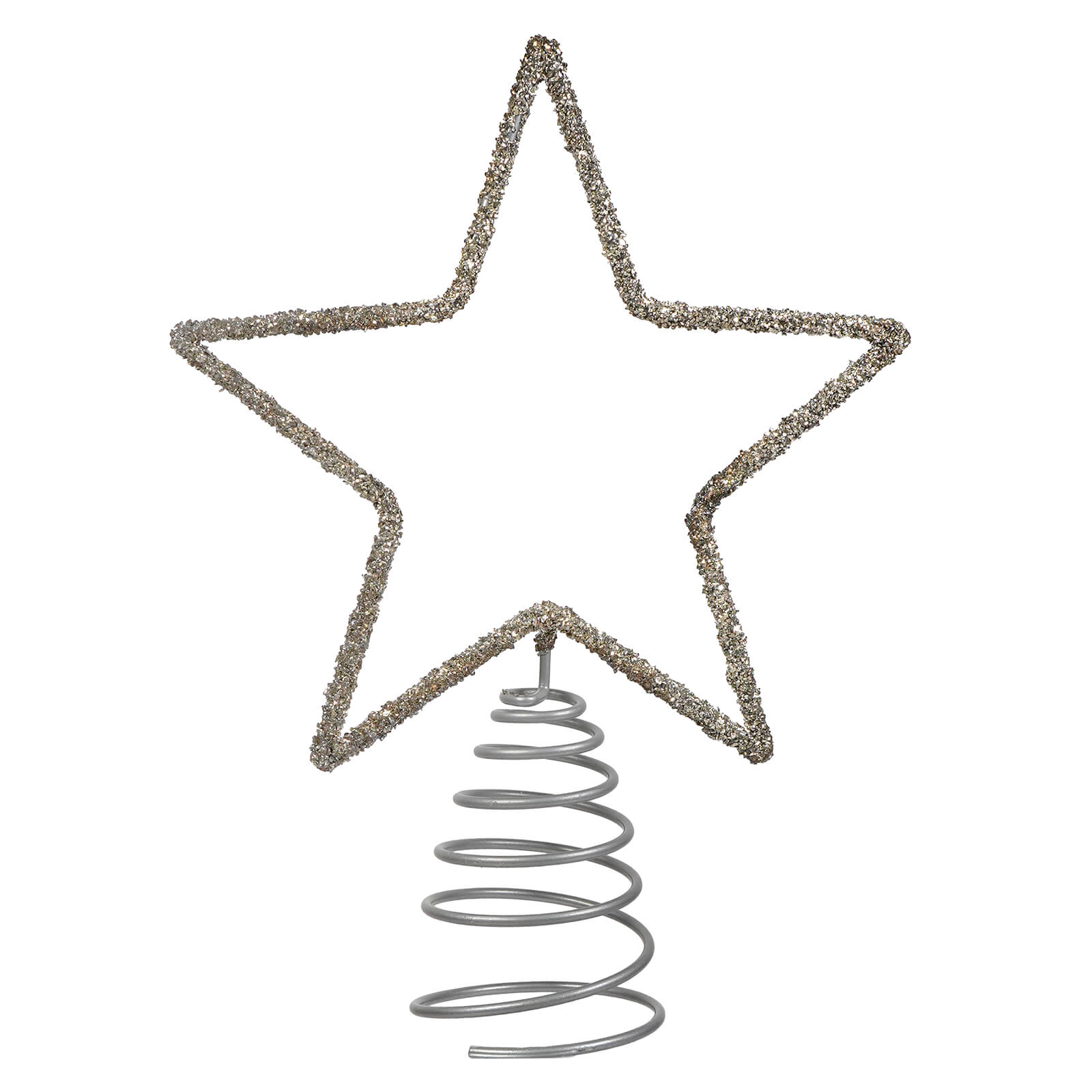 A sparkling silver glass glitter star tree topper with a spiral metal base perfect for holiday decor