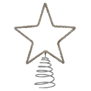 A sparkling silver glass glitter star tree topper with a spiral metal base perfect for holiday decor
