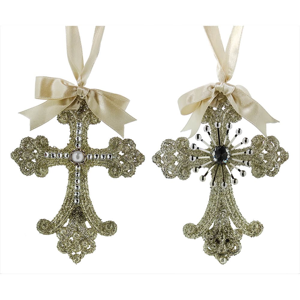 Silver Glittered Cross Ornaments Set/2