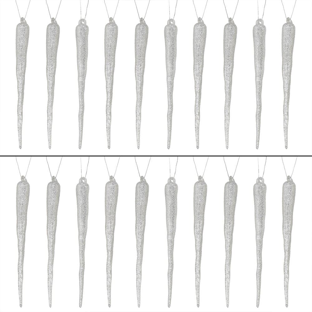 Silver Glittered Icicle Ornaments Set/24