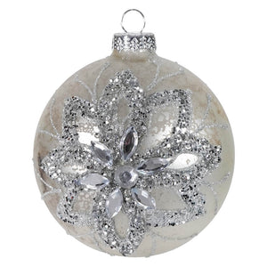 Silver jeweled mercury glass floral design ball ornament with detailed rhinestone and clear crystal petals