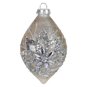 Silver jeweled mercury glass floral ornament with detailed floral design finial and sparkling vintage reflector accents