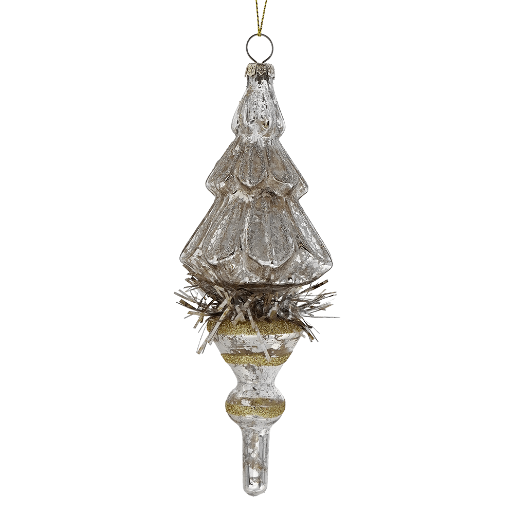 Silver mercury glass tinsel tree ornament with gold and silver accents in traditional vintage christmas ornaments style