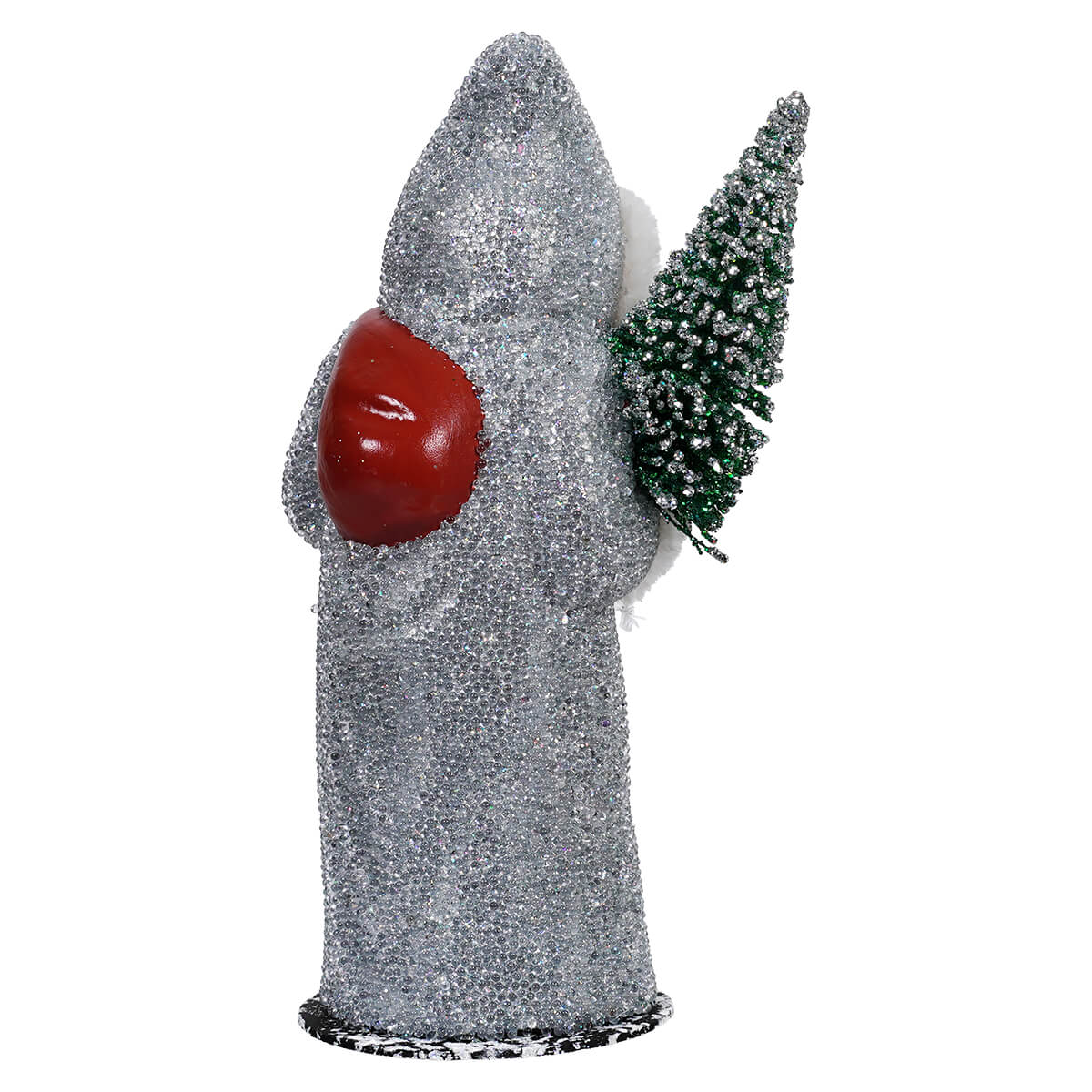 Silver santa glittery angel figurine with red chest detail holding green frosted christmas tree ino schaller white
