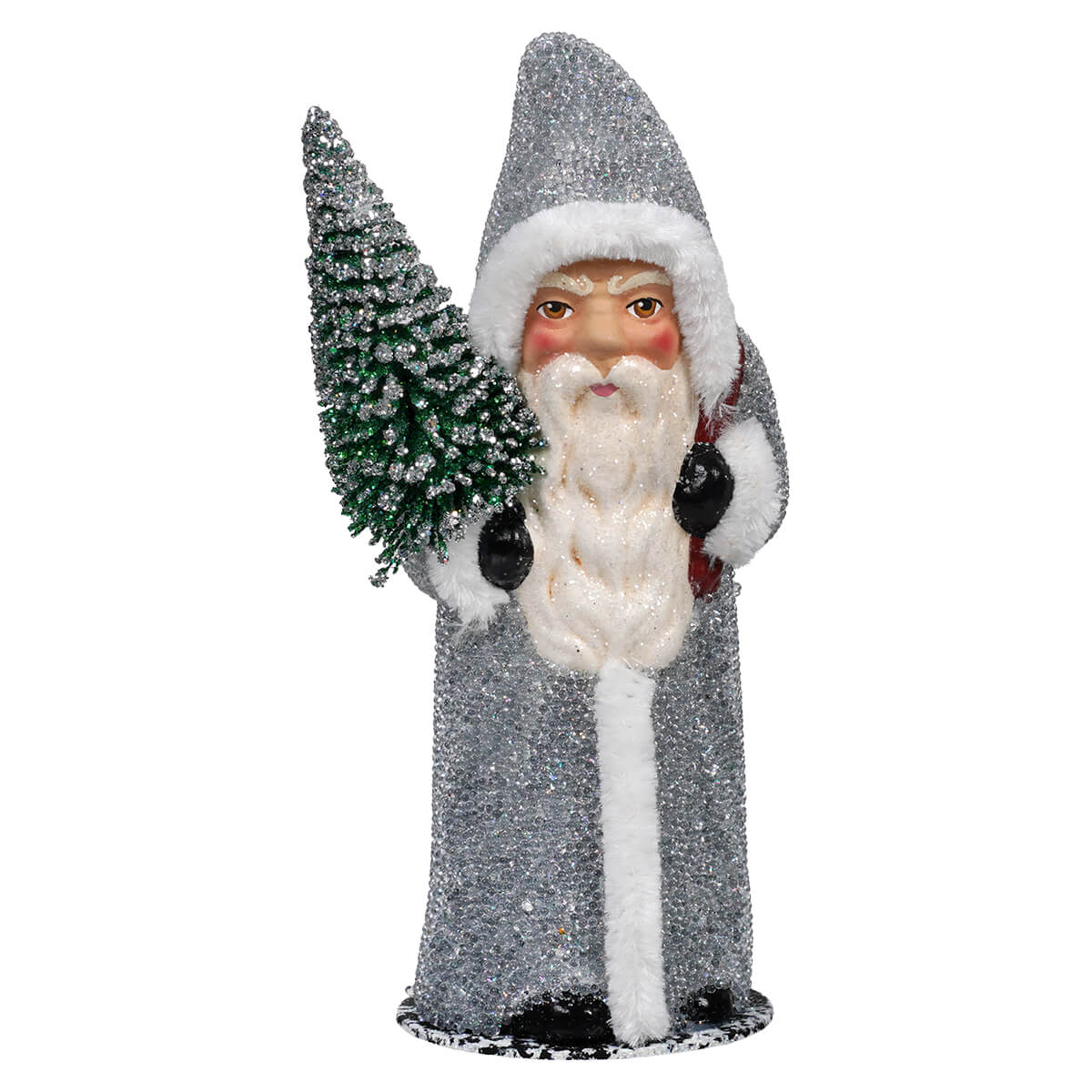 Silver santa figurine holding a green frosted pine tree with ino schaller white fur trim coat and hat
