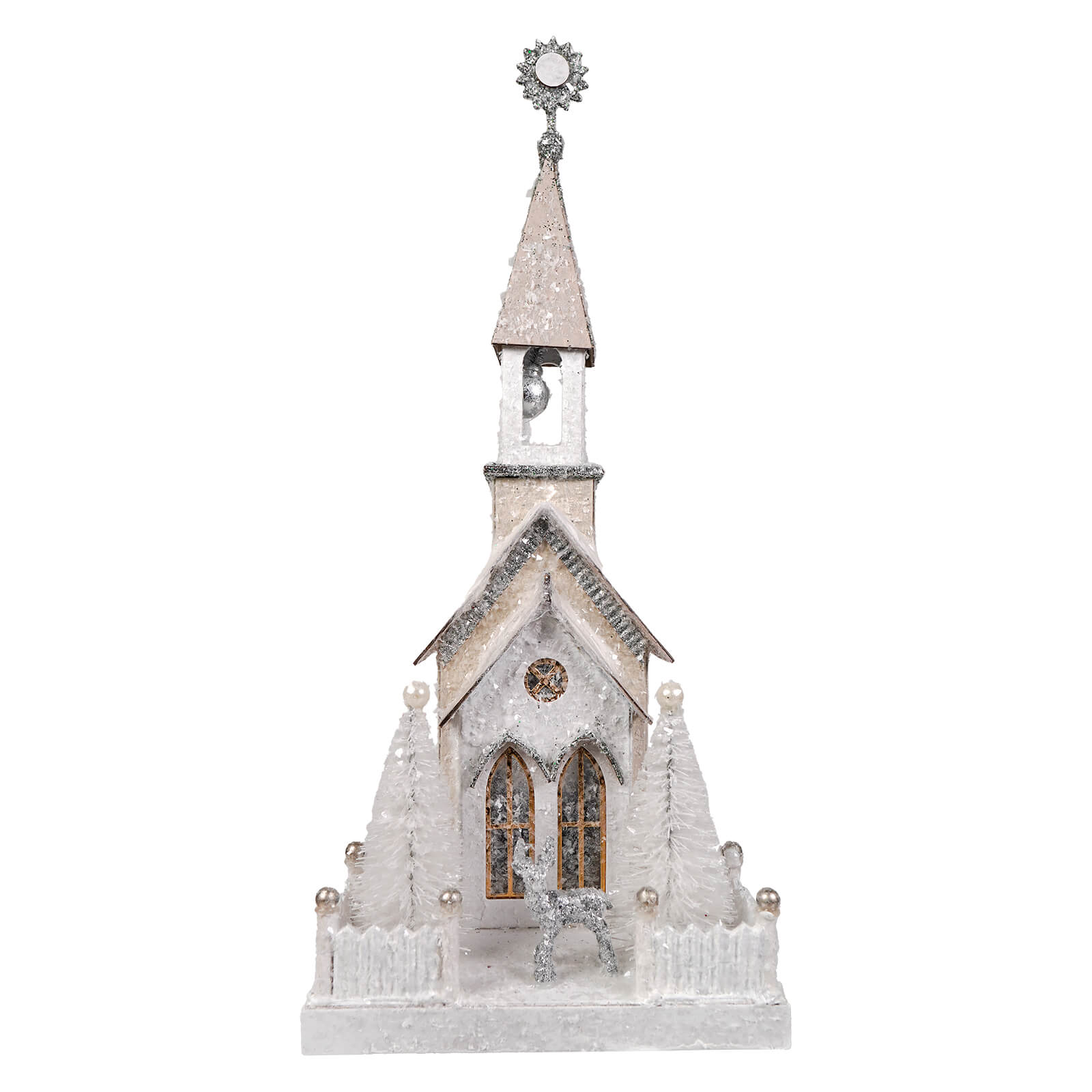 A delicate white and silver glittery cody foster silver steeple church figurine with frosted pine trees and light cord