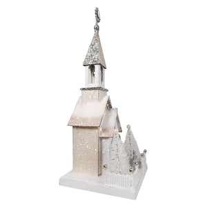 White glittery wooden church figurine with silver steeple and frosted pine trees by cody foster silver steeple with light cord