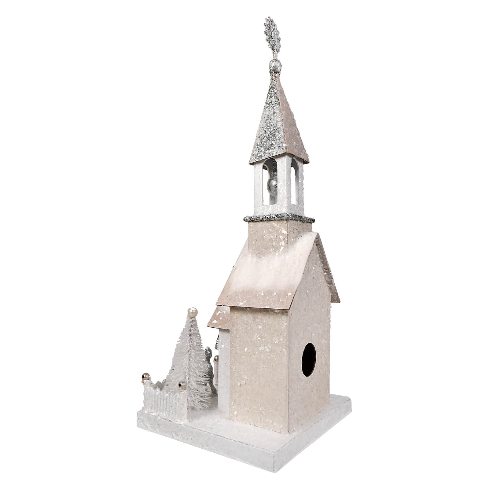 A rustic white birdhouse church with silver steeple and glittery roof accents by cody foster with light cord