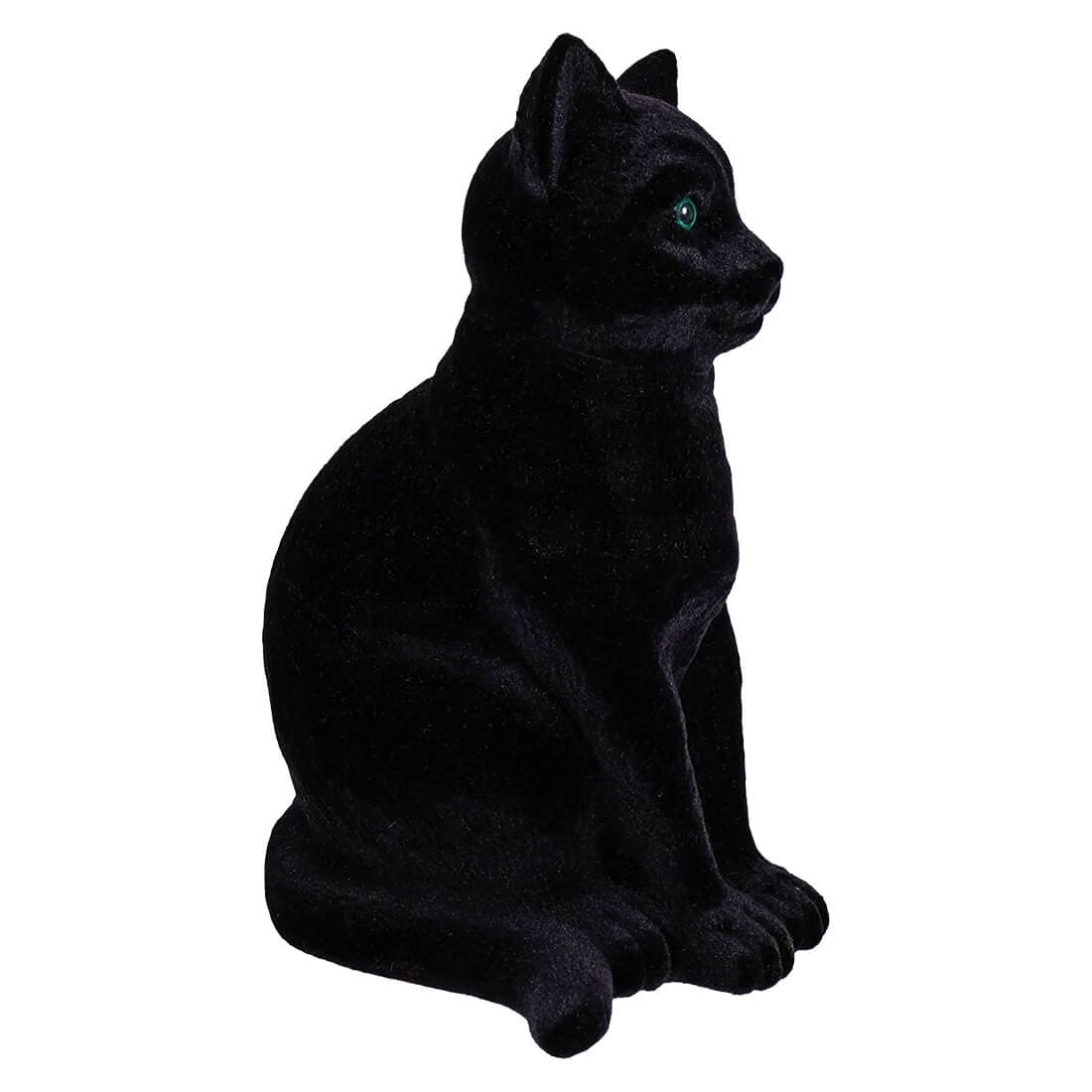 Sitting Flocked Green-Eyed Black Cat - Halloween