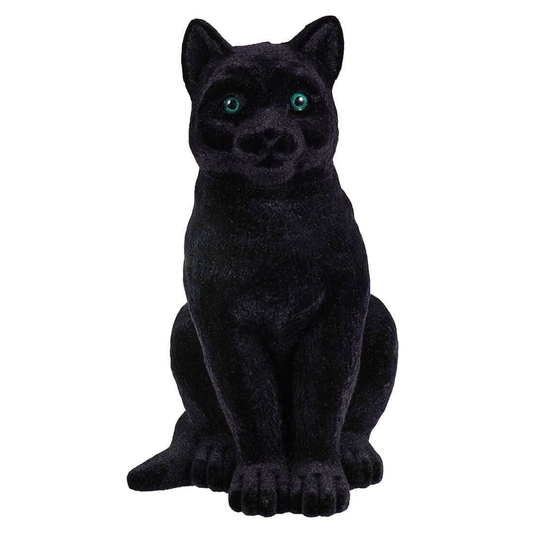 Sitting Flocked Green-Eyed Black Cat - Halloween