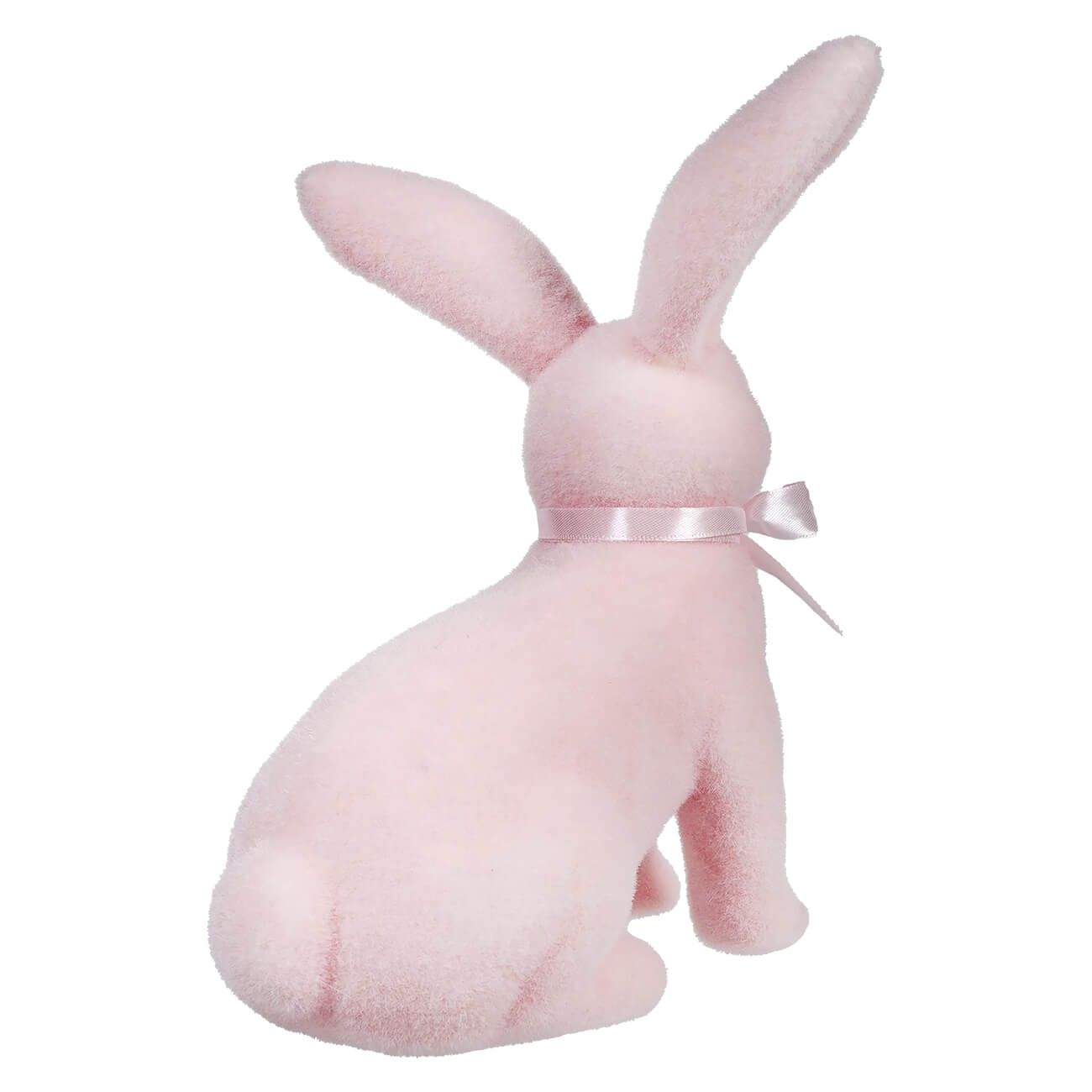 Pink plush bunny with a silver ribbon around its neck.