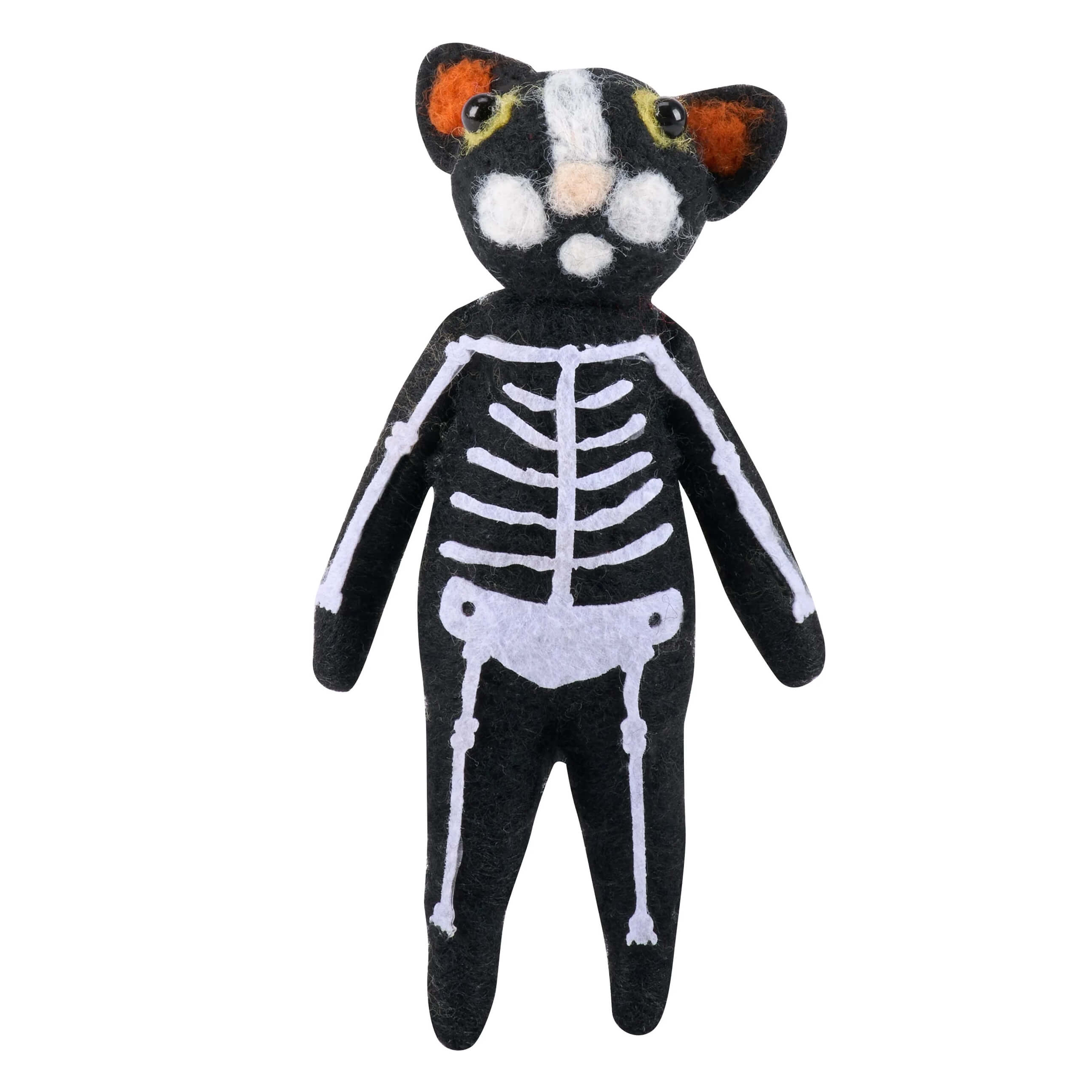 Black felt skeleton cat critter plush toy with white bones and orange inner ears from kathy’s halloween collection