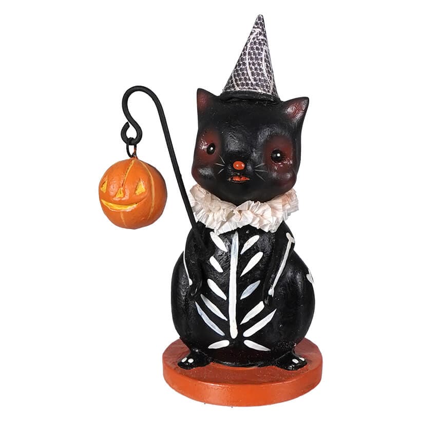 Skeleton Cat with Pumpkin Lantern - Halloween