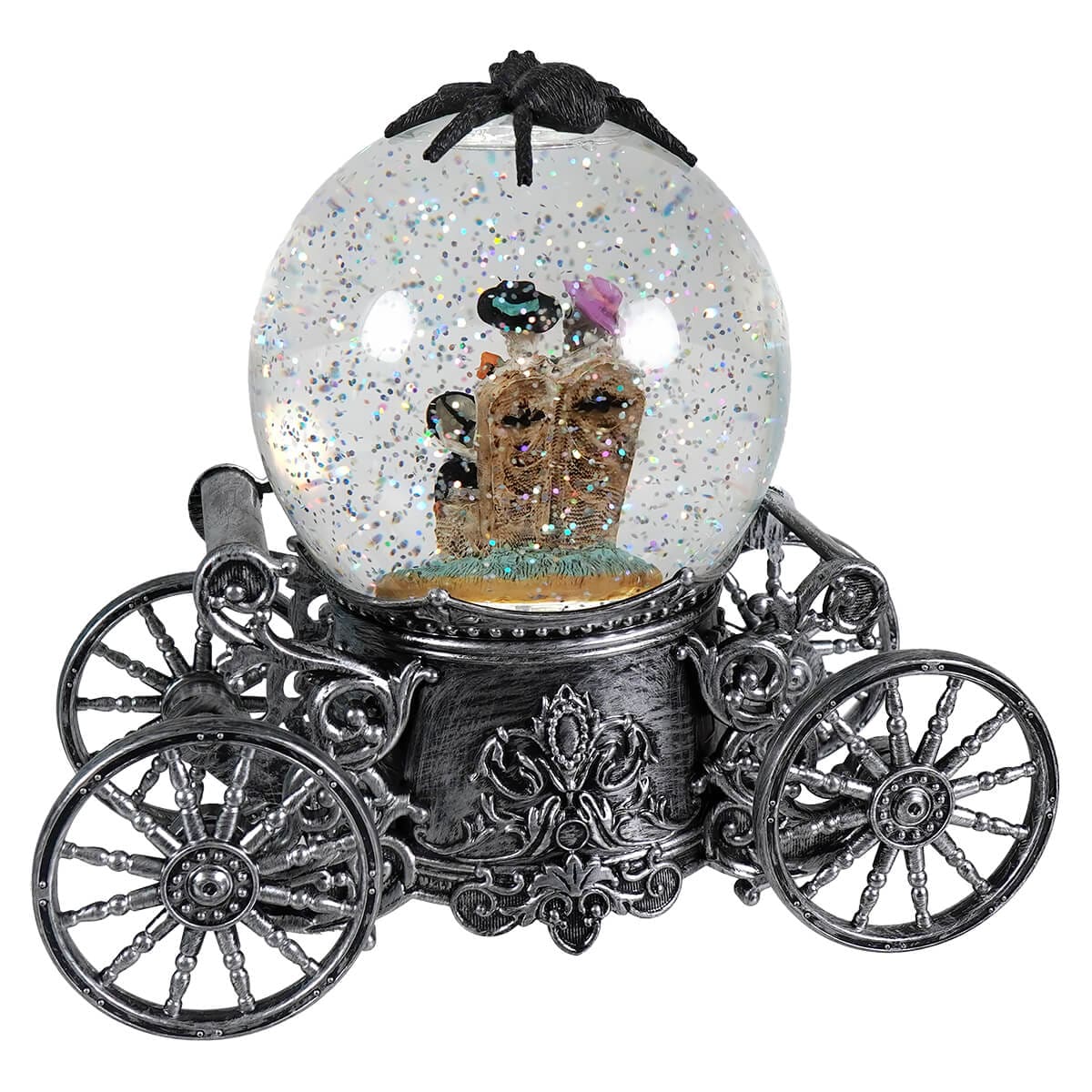 Skeleton Couple & Black Spider Lighted Spinning Water Globe Carriage - Halloween