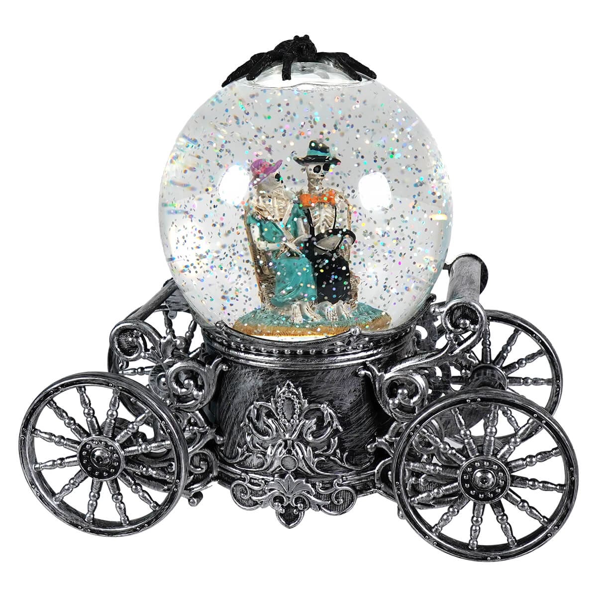 Skeleton Couple & Black Spider Lighted Spinning Water Globe Carriage - Halloween