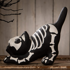 Black skeleton paper mache cat figurine with white bone details perfect for halloween cats and skeleton decor