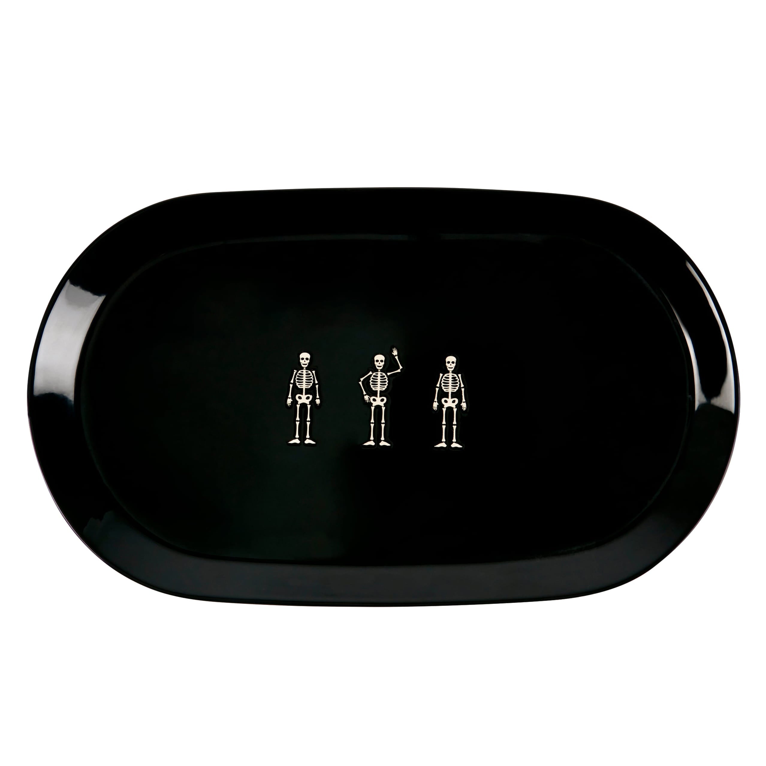 Black oval platter with glossy finish featuring three white skeletons for a skeletons oval platter design