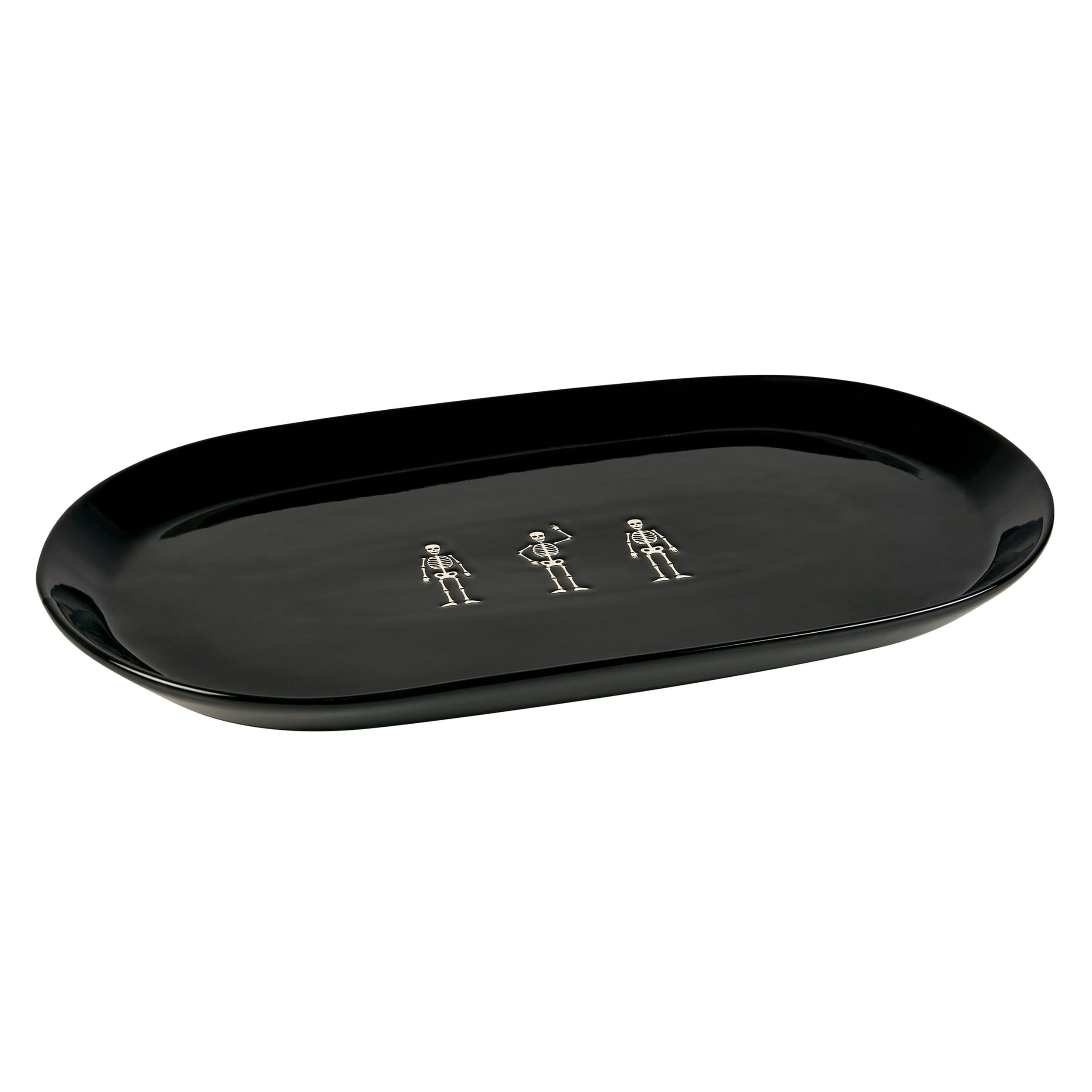 Black oval platter with three silver skeletons embossed perfect skeletons oval platter for spooky serving