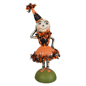 Skelita skellington skeleton decor figure in orange black with pom-pom hat, cat dress, and striped shoes by bethany lowe halloween dolls