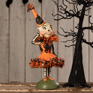 Skelita skellington skeleton decor figure in orange taffeta dress with black cat prints and jack o lantern party hat
