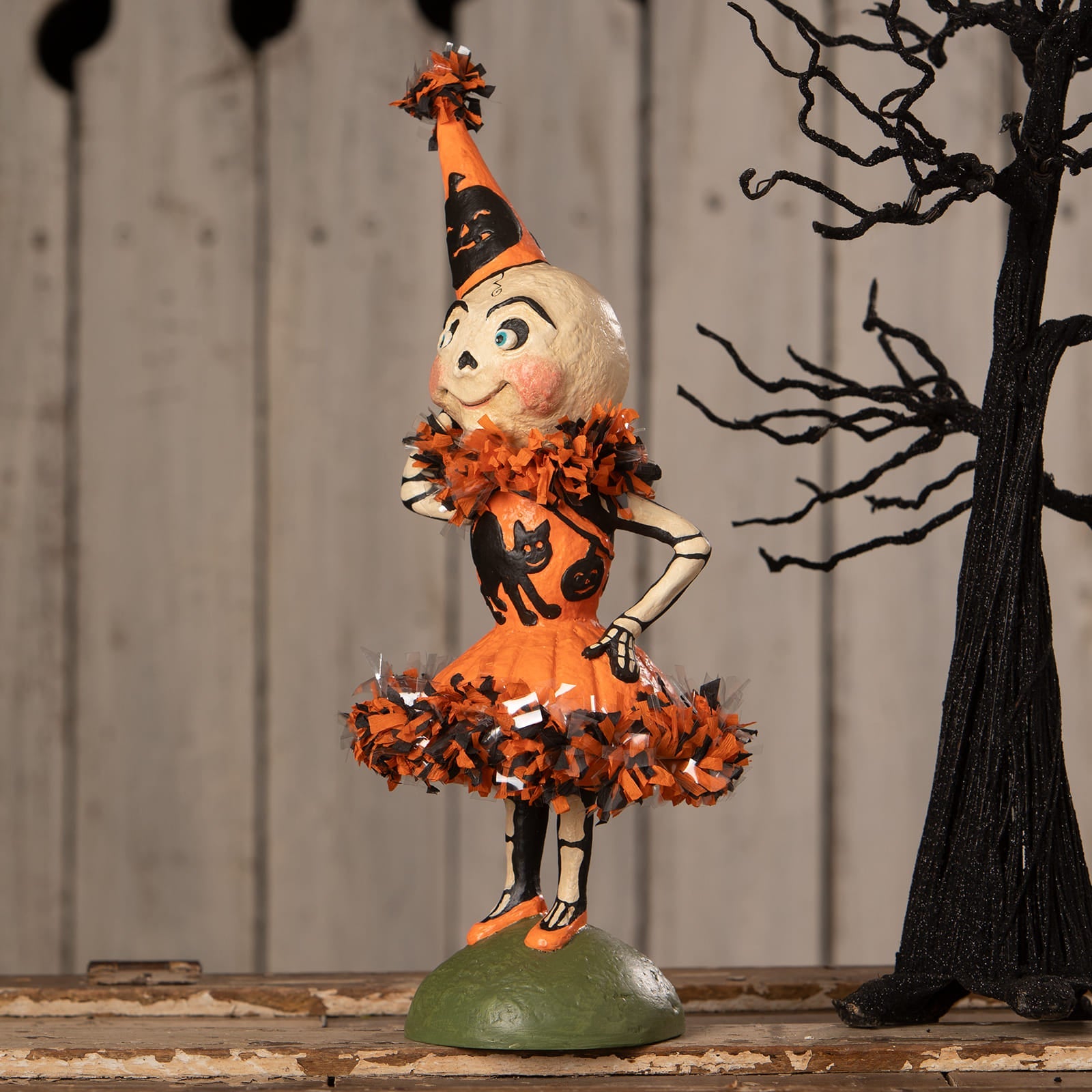Skelita skellington skeleton decor figure in orange and black wearing party hat and taffeta skirt by bethany lowe halloween figures and dolls