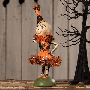 Skelita skellington skeleton decor figure in orange and black wearing party hat and taffeta skirt by bethany lowe halloween figures and dolls