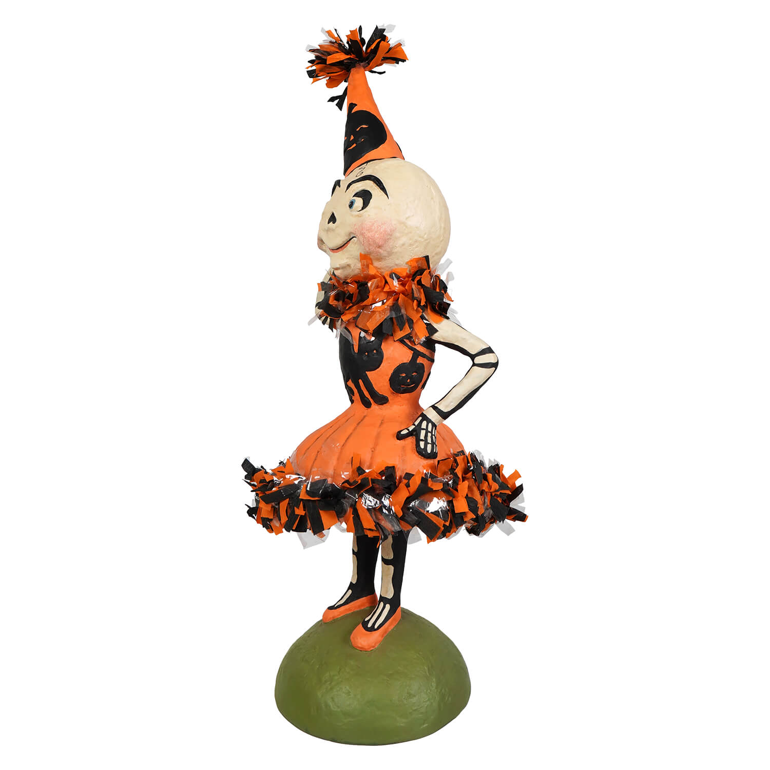 Orange and black skeleton decor figure of skelita skellington in a fringed dress and party hat from bethany lowe halloween dolls