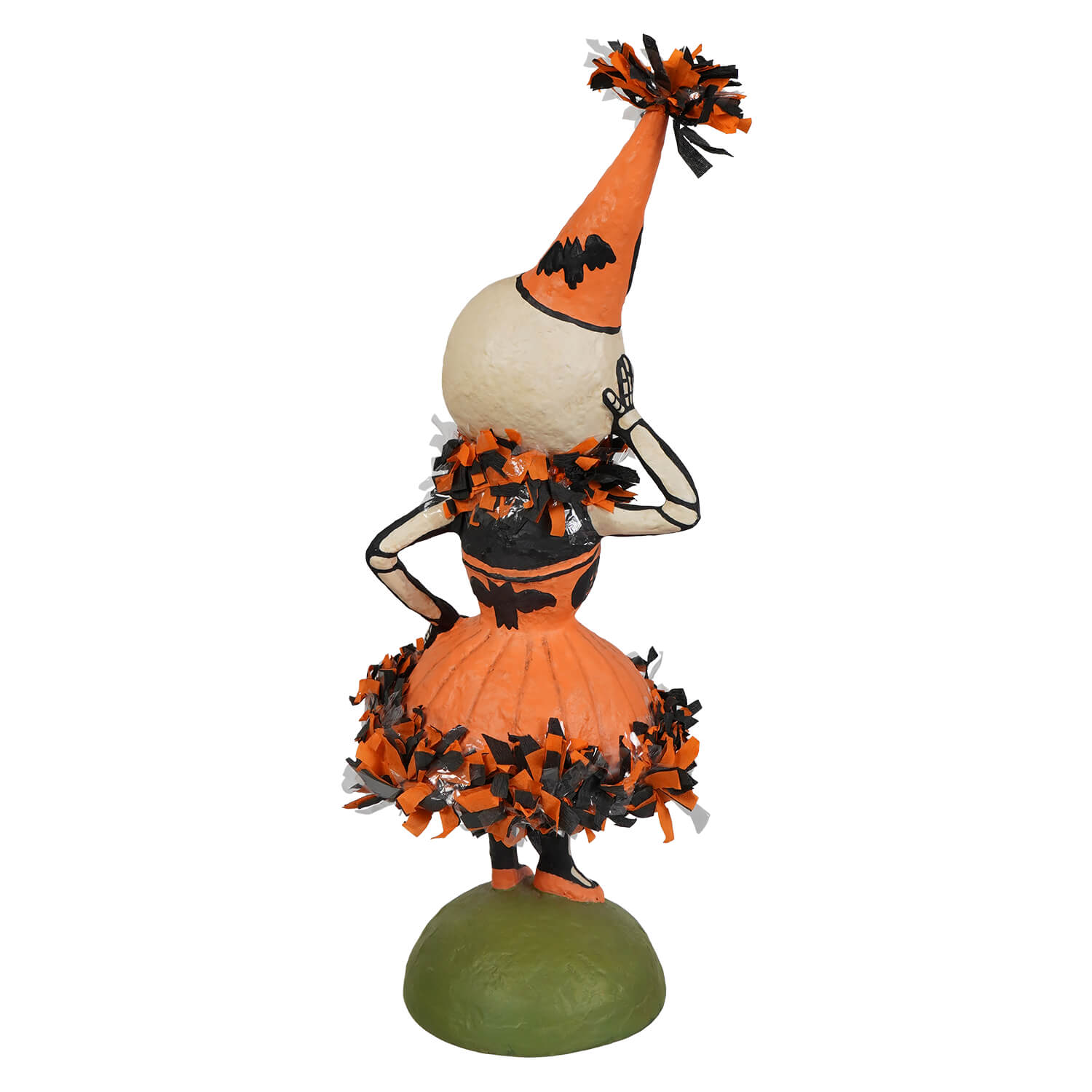 Skelita skellington halloween figurine wearing an orange and black pom-pom hat with fringed dress and bat accessories for skeleton decor figures and ornaments by bethany lowe halloween figures and dolls