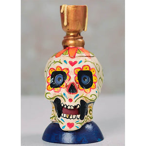 Decorative Day of the Dead style skull bottle with colorful patterns and a copper-colored top.