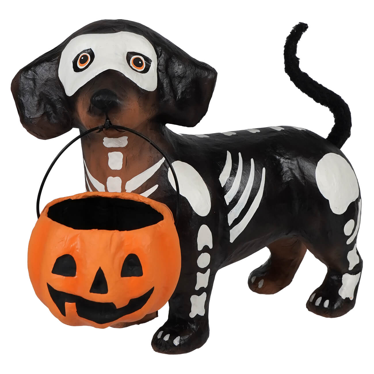 Skelly pup paper mache dachshund skeleton figurine in black and white perfect for halloween decor