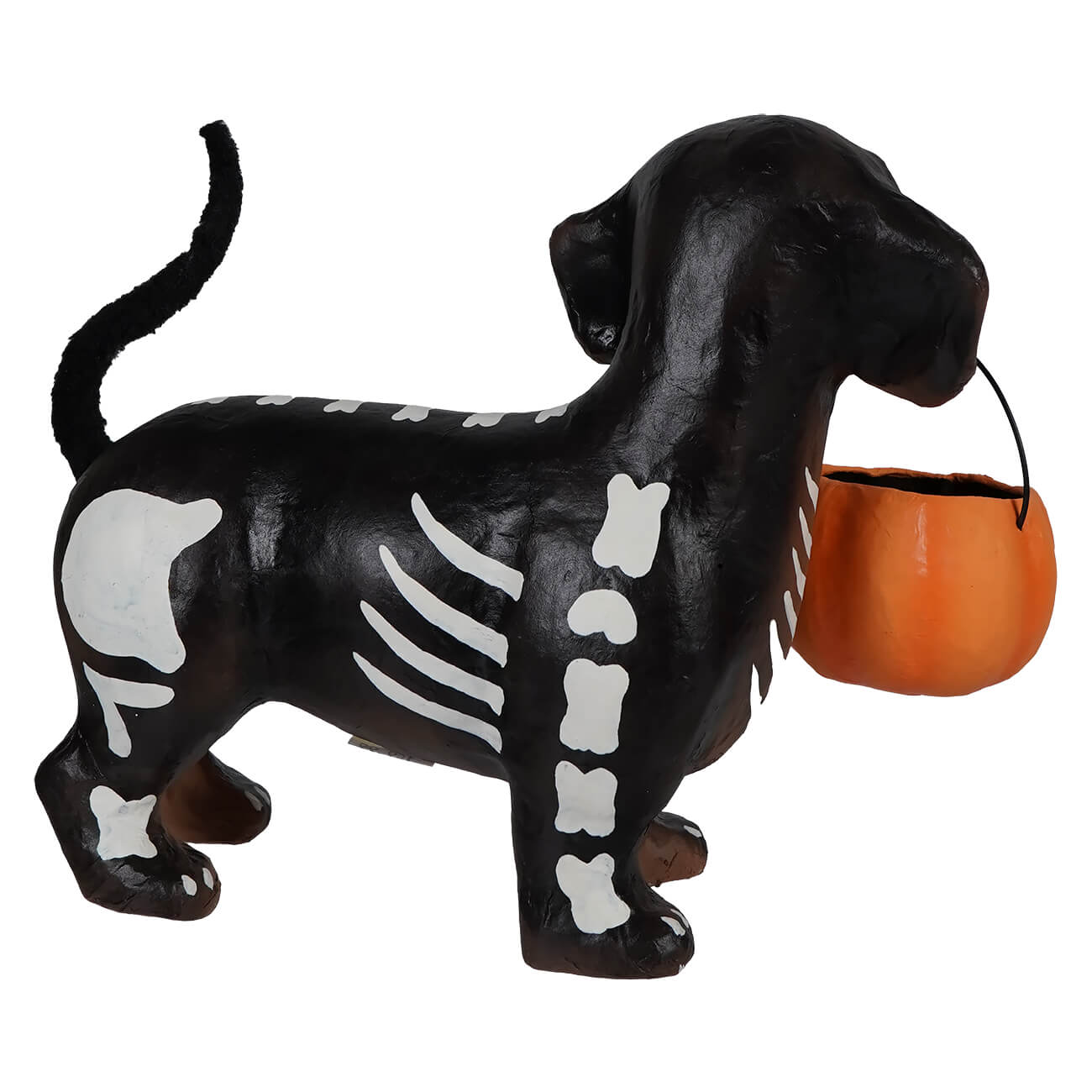 Black skeleton dachshund pup paper mache figurine with white bones holding an orange pumpkin bucket skelly pup paper