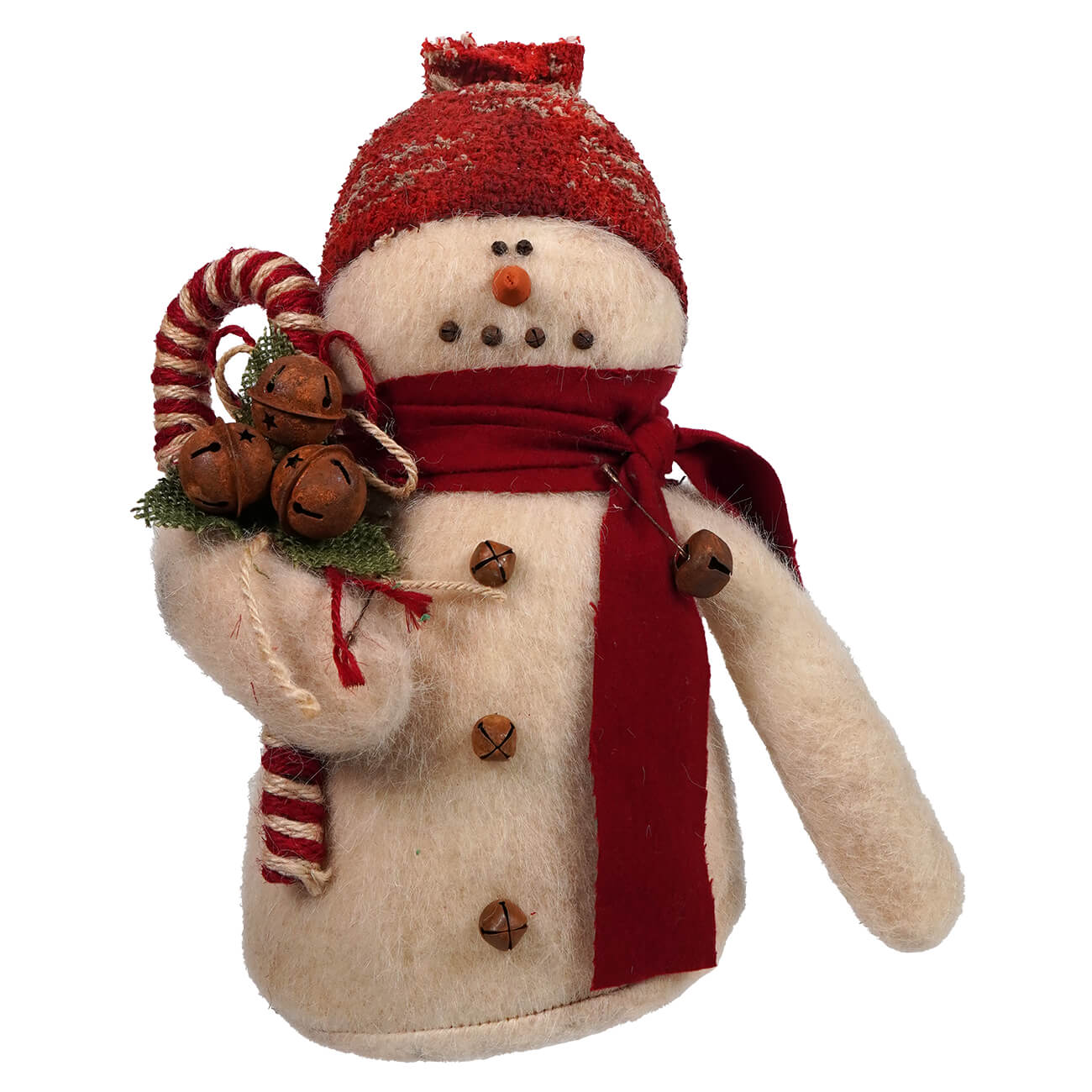 A cream felt skicap snowman holding candy cane with red hat scarf and jingle bells spreading holiday cheer