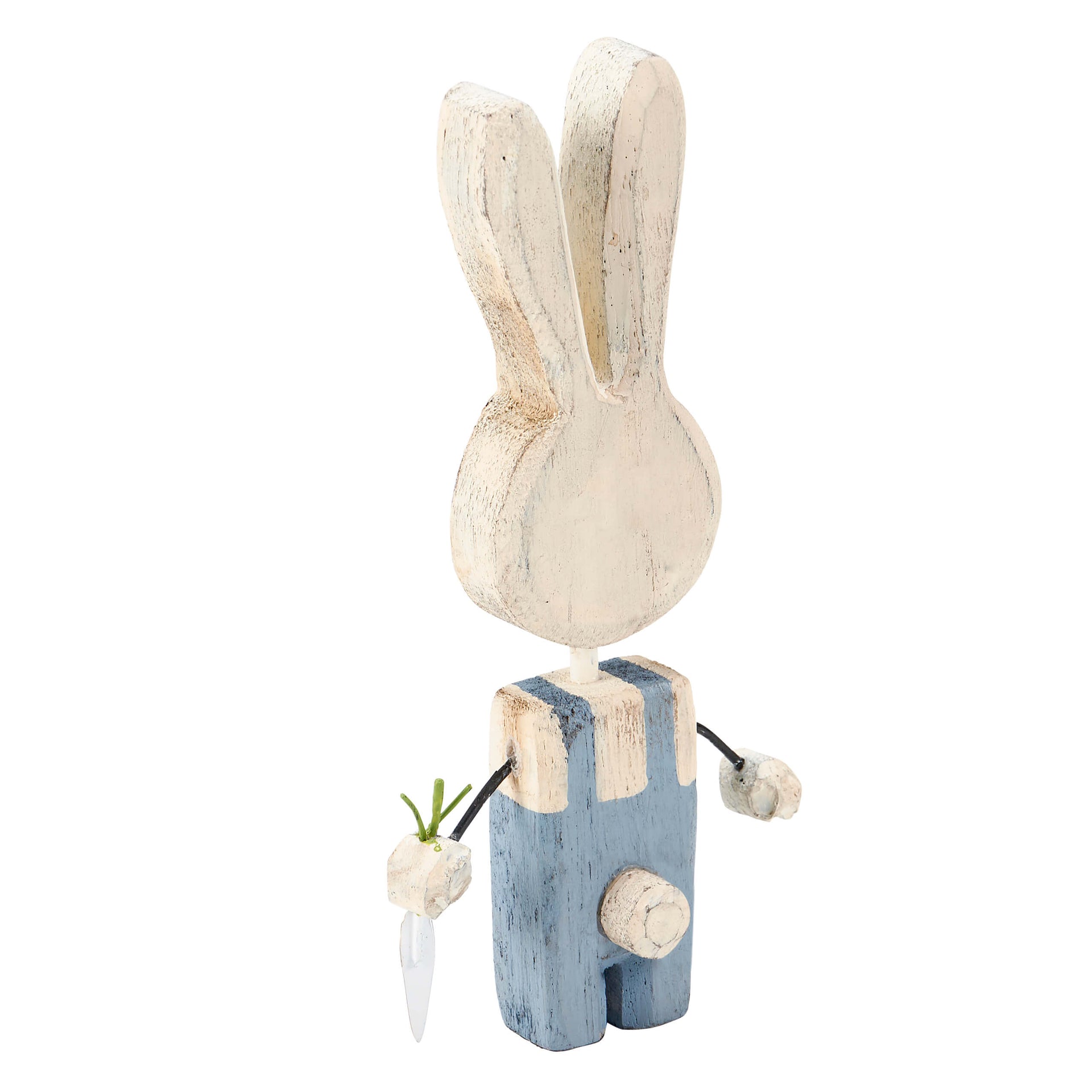 A rustic wooden skippy bunny chunky sitter wearing blue overalls and holding a tiny carrot figurine