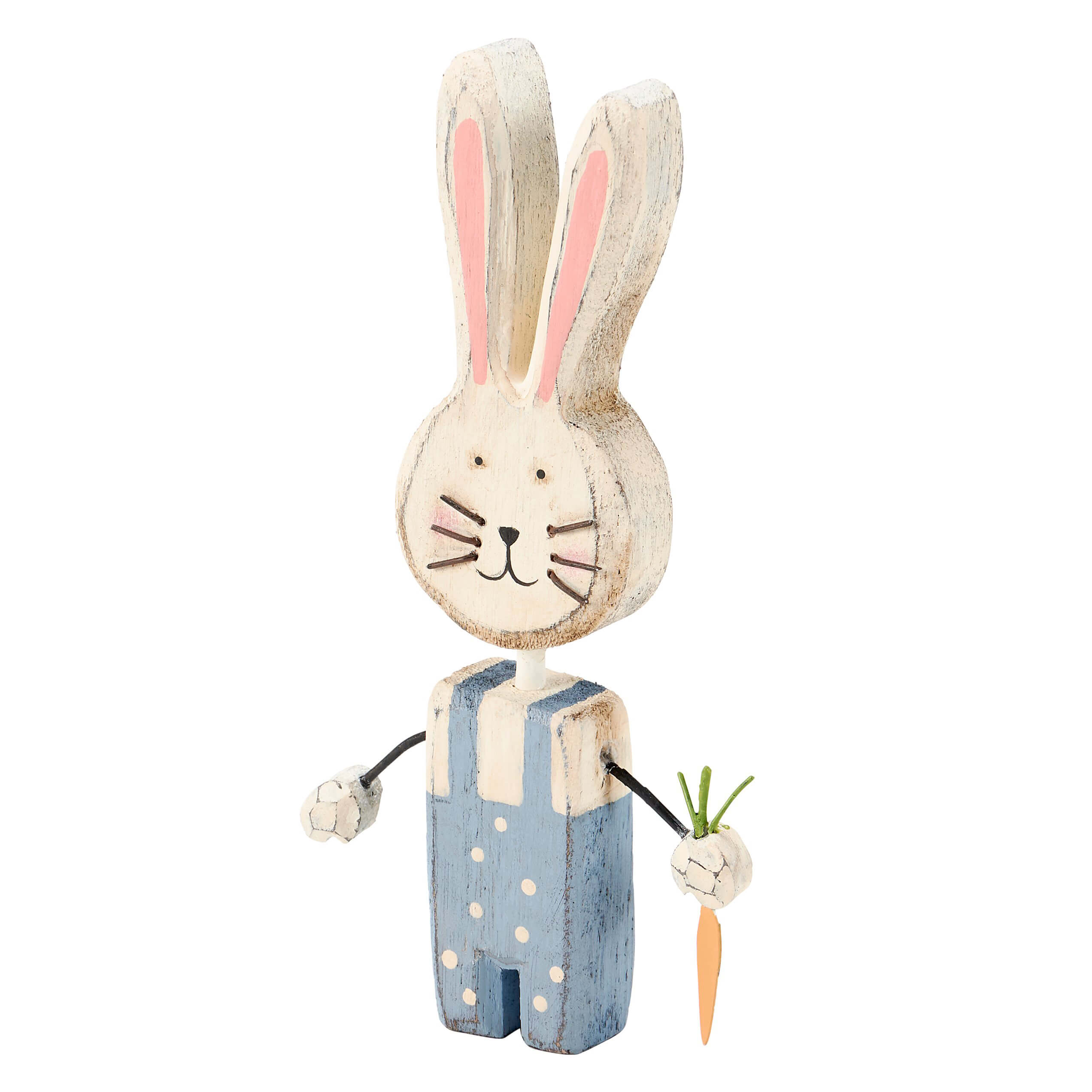A charming wooden skippy bunny chunky sitter with pink ears, black whiskers, and blue polka-dot overalls holding a tiny carrot