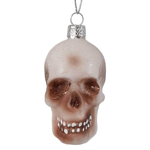 Translucent glass skull ornament with silver cap and brown glitter accents perfect as dead skull ornament or lighted decor by cody foster