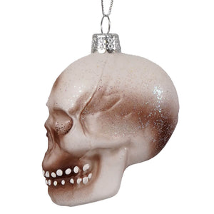 Translucent glass skull ornament with beige to brown gradient, glitter accents, white teeth perfect as dead skull ornament or lighted decor by cody foster