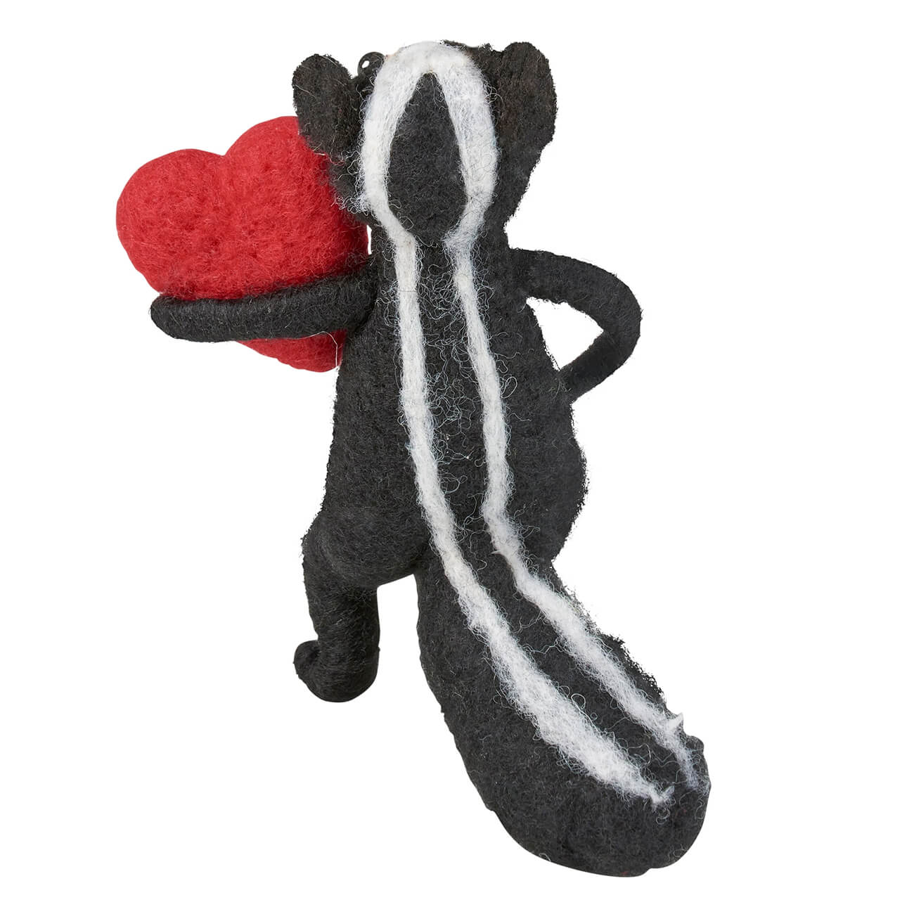 Black and white felt skunk critter ornament holding a red heart perfect as a valentine skunk gift