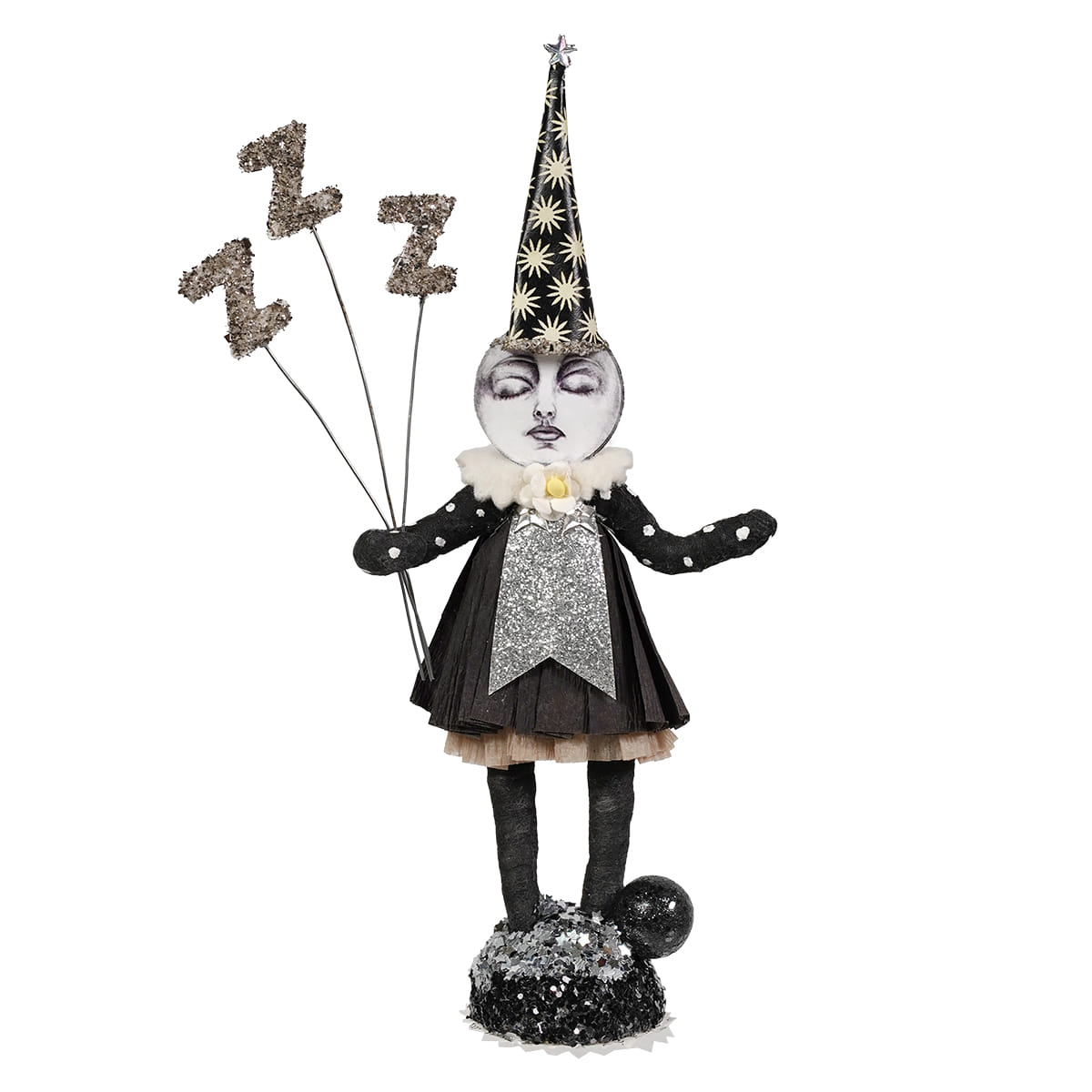 A whimsical black and silver glittery sleeping moon girl figure holding three z balloons with a star party hat
