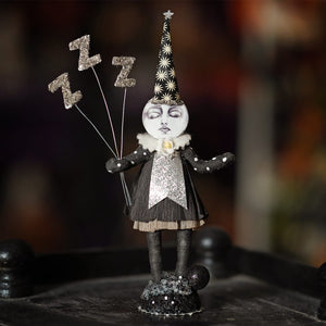 Whimsical black and silver sleeping moon girl figure holding glittery zz balloons with star pattern party hat