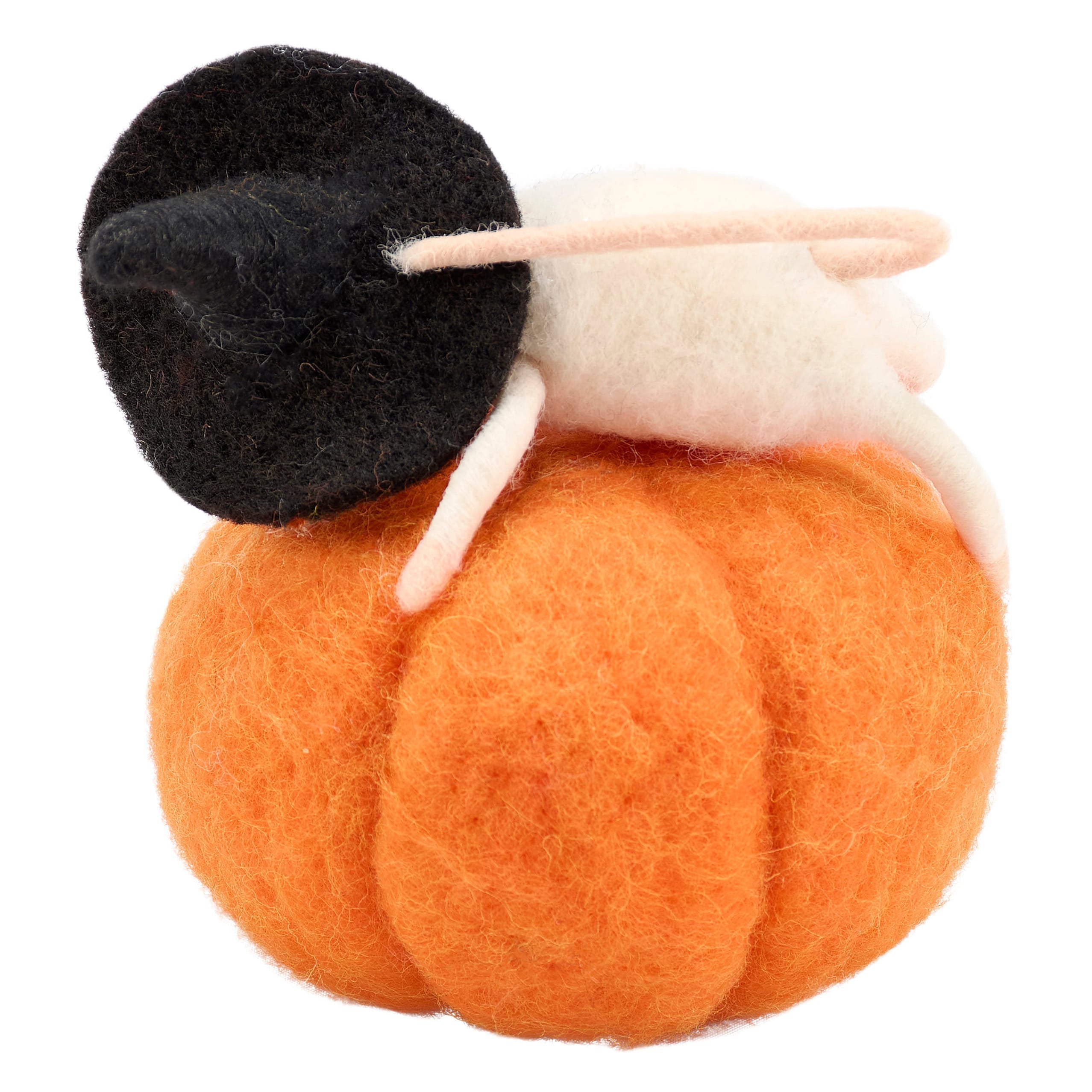 Orange felt pumpkin with a white and black felt mouse perched on top from kathy’s halloween collection featuring halloween cats