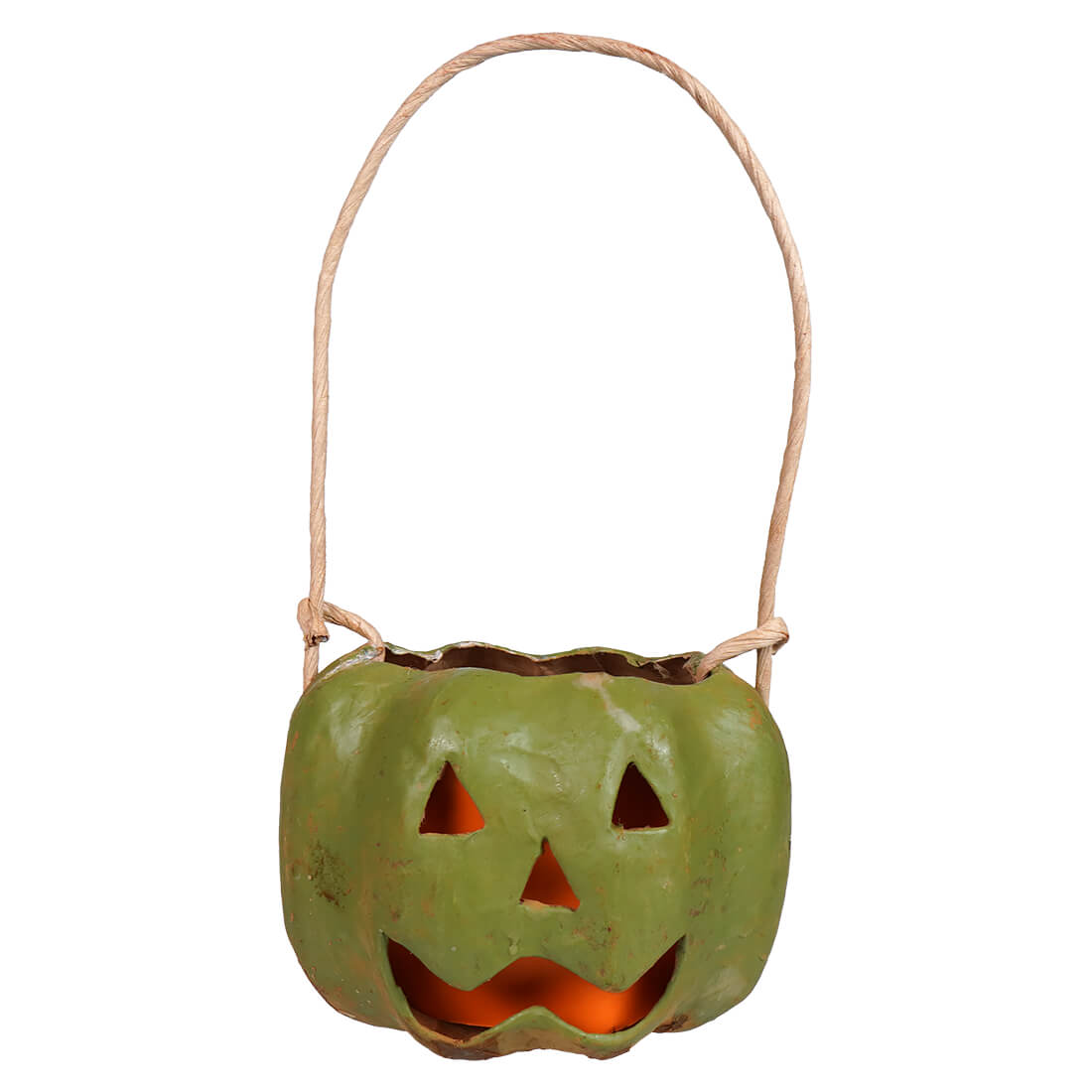 Small carved green pumpkin bucket with raggedy junction design and handcrafted folk art details and woven rope handle