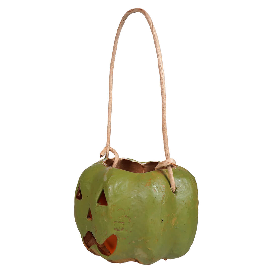 Small carved green pumpkin bucket with raggedy junction design and woven handle handcrafted folk art lantern