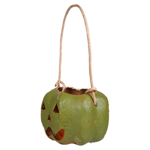 Small carved green pumpkin bucket with raggedy junction design and woven handle handcrafted folk art lantern