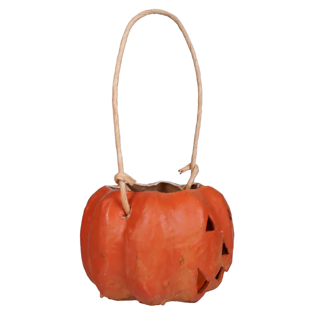 Small carved orange pumpkin bucket with raggedy junction design and natural twine handle handcrafted folk art lantern