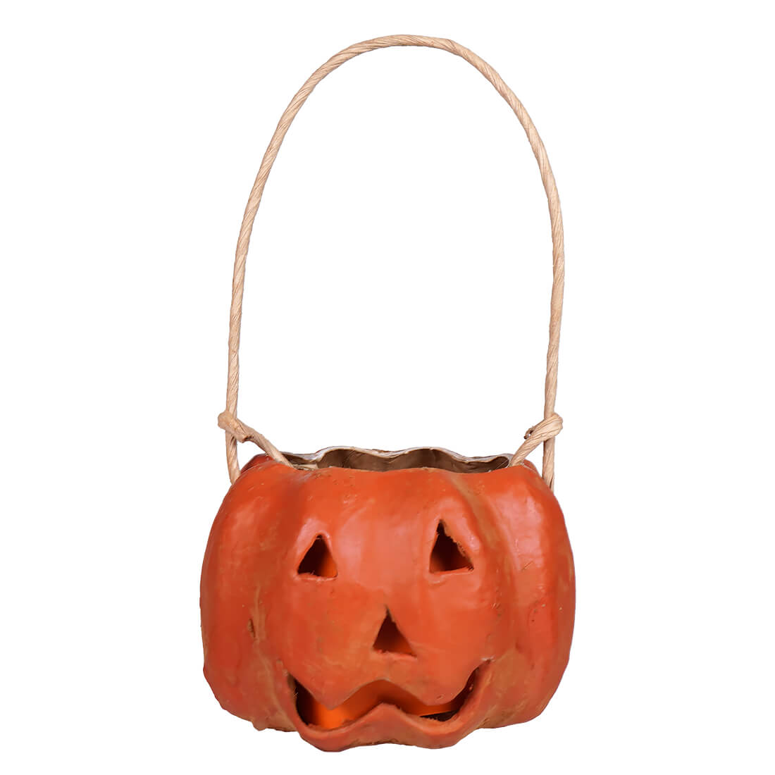 Small carved orange pumpkin bucket made of ceramic with raggedy junction design and a woven rope handle handcrafted folk art