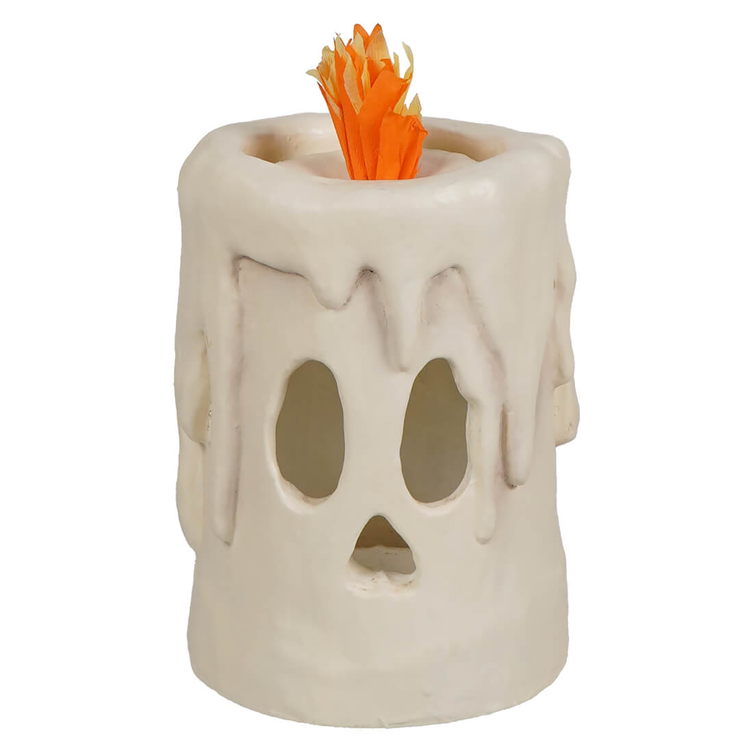 Off-white ceramic skull candle luminary with dripping wax details and orange flame effect small flam’in candle luminary