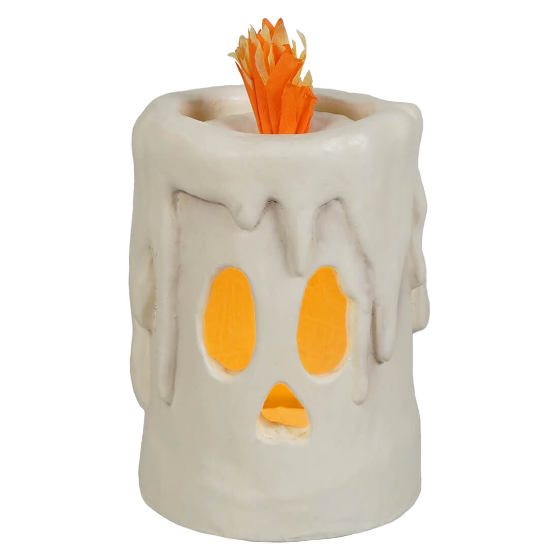 Small flam’in candle luminary white plastic candle luminary with skull face design and glowing orange flame