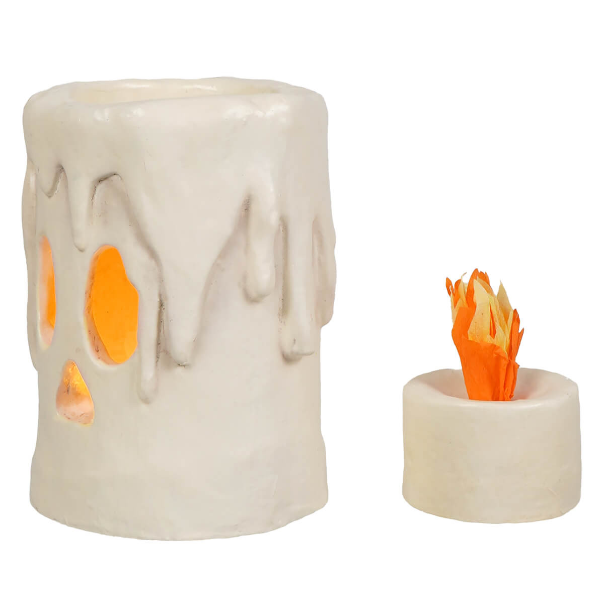 Small flam’in candle luminary white faux candle with orange glowing flame and realistic dripped wax design