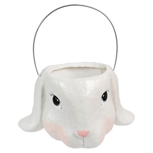Small floppy ear bunny bucket by bethany lowe is a white bunny-shaped planter with a glittery finish perfect for vintage easter bunny figural decor and easter baskets & buckets